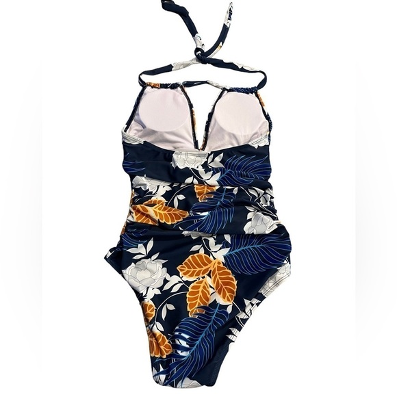 Tropical Print Small Deep V and Ruched Front Full Coverage One Piece Suit - Picture 4 of 5